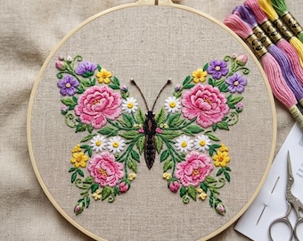 Floral Butterfly Embroidery Kit: Beginner DIY Needlepoint Craft Set, Hoop Art Nature Lover Gift