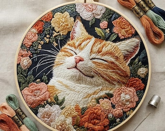 Orange Tabby Cat Floral Embroidery Kit – Beginner Needlework Set (15cm Hoop)
