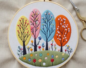 Whimsical Forest Landscape Embroidery Kit: Complete DIY Needlepoint Set (20cm Hoop)
