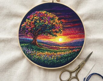 Sunset Tree Embroidery Kit: Complete Landscape Stitch Pattern (20cm Hoop)