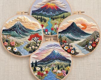 Mountain Landscape Embroidery Kit, Beginner Scenic Floral Hoop Art, Nature Needlepoint Set