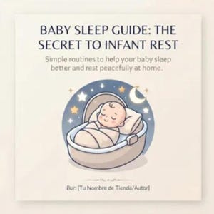 以下が含まれることがあります： BABY SLEEP GUIDE: THE SECRET TO INFANT RESTというタイトルの正方形のガイドカバー。サブタイトルはSimple routines to help your baby sleep better and rest peacefully at home。月と星の下で揺りかごに入った赤ちゃんのイラストが描かれています。