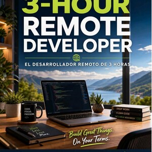 Puede incluir: Una portada de libro titulada The 3-Hour Remote Developer con una computadora portátil mostrando código, una taza negra con texto, un cuaderno con la frase Work Less. Live More. y libros titulados Deep Work, Clean Code y The 4-Hour Workweek.