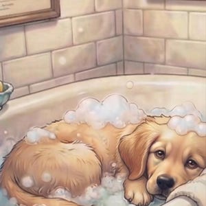 Puede incluir: Un perro de color dorado tumbado dentro de una bañera blanca llena de agua y burbujas de jabón blancas. El perro tiene un pelaje suave y apoya la cabeza en el borde de la bañera. El fondo presenta azulejos rectangulares de color claro.