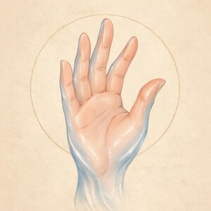 Può includere: Un'illustrazione digitale su sfondo beige raffigurante una mano formata da acqua blu fluente, posizionata all'interno di un sottile cerchio dorato. Sopra la mano, il testo "De Waterhand" è scritto in un carattere serif marrone scuro, ben centrato.
