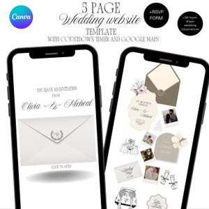 Puede incluir: Una plantilla de sitio web de bodas que se muestra en dos teléfonos inteligentes. La plantilla incluye un temporizador de cuenta regresiva, la integración de Google Maps y un formulario RSVP. El diseño presenta elementos florales, ilustraciones y el texto "5 PAGE Wedding website TEMPLATE".