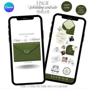 May include: Two smartphones displaying a wedding website template. The left phone shows an invitation with the names Olivia & Micheal. The right phone displays RSVP form, details, and illustrations. The template includes a countdown timer.