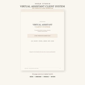 Op de afbeelding: Een 26-pagina tellende digitale zakelijke toolkit getiteld Virtual Assistant Client System van Vaejo Studio. Het document schetst een klantworkflow inclusief de fasen lead, discovery, proposal, onboard, serve en review op een beige achtergrond.
