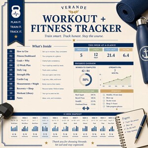 May include: A Verande workout and fitness tracker planner page featuring a 12-week snapshot, progress overview, and workout logs. The document includes sections for goals, daily logs, and strength PRs, with a dark blue color scheme on a cream background.