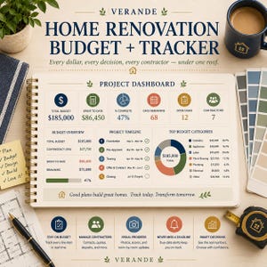 May include: A spiral-bound home renovation budget and tracker planner featuring a project dashboard with sections for total budget, spent to date, project timeline, and top budget categories. The page includes icons, charts, and text.