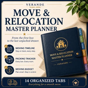 May include: A navy blue Move & Relocation Master Planner with gold foil text and a house icon on the cover. The planner features a snap closure and colored side tabs labeled Timeline, Budget, Packing, Utilities, Documents, and Notes. The text includes Verande, Move & Relocation Master Planner, and 14 Organized Tabs.
