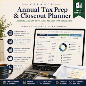 May include: A laptop displays a tax preparation planner with financial data, charts, and key deadlines. A calculator, pen, and mug with the text "Plan, Prepare, Prosper" are on the desk. The image promotes organized tax preparation.