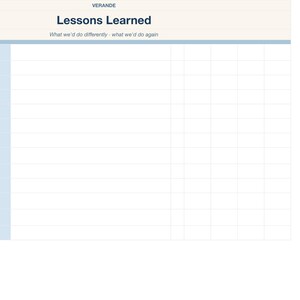 以下が含まれることがあります： Lessons Learnedというタイトルの白いグリッドテンプレート。サブタイトルはWhat we'd do differently - what we'd do again。左側の列には、What went better than expected、Vendors we'd hire again、Advice for friends doing a remodelなどのカテゴリが記載されています。