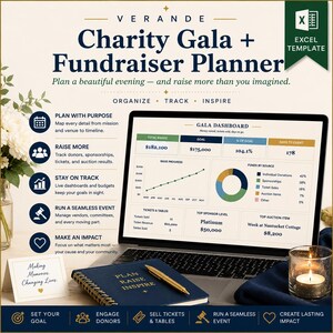 May include: A laptop displays a "Charity Gala + Fundraiser Planner" dashboard with financial data. A notebook, pen, and lit candle are in the foreground. The image includes the text "Plan a beautiful evening - and raise more than you imagined."