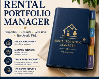 以下が含まれることがあります： Rental Portfolio Managerというタイトルのダークブルーのプランナー。表紙には金箔の文字と家のアイコンが施されています。Dashboard、Properties、Tenants & Leases、Rent Roll、Income & Expenses、Reports & P&Lとラベル付けされたサイドタブが付いています。表紙にはスナップボタン式の留め具が付いています。