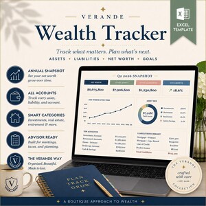 Op de afbeelding: Een laptop toont een financieel dashboard met de titel "Wealth Tracker". Een notitieboek met "Plan Track Grow" ligt naast een pen. Een mok met een "V"-logo en een bloemstuk zijn ook aanwezig.