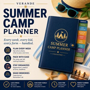 May include: A navy blue Summer Camp Planner with gold foil text and a tent icon on the cover. The planner features multi-coloured tabbed dividers labelled Dashboard, Calendar, Camp Comparison, Registration Tracker, Packing Lists, Camp Budget, Carpool Tracker, Medical + Forms, Goals + Reflection, and Notes.