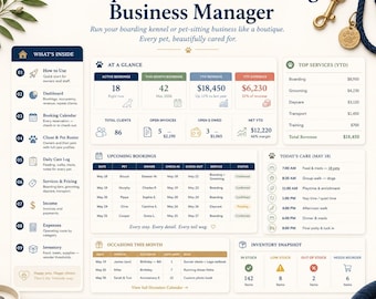 以下が含まれることがあります： Boutique Kennel + Pet Sitting Business Managerというタイトルのデジタルビジネス管理ダッシュボード。アクティブな予約、収益、経費、顧客リスト、今後のスケジュール、在庫状況、毎日のケアログを表示するセクションが含まれています。