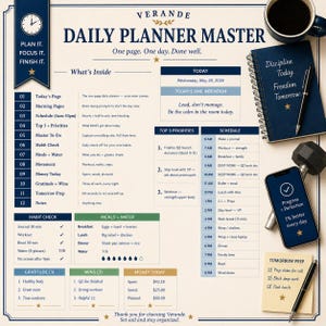 May include: A Daily Planner Master page by Verande featuring sections for a schedule, habit check, meals, water intake, gratitude, wins, and money. The layout includes a blue notebook, a smartphone, a dumbbell, and pens on a cream background.