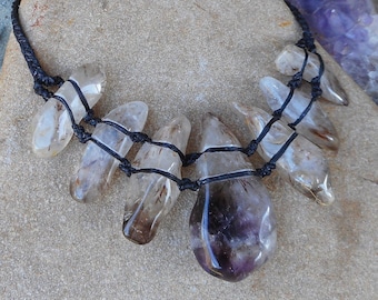 Amethyst, Smoky Quartz and Clear Quartz Gemstone Necklace Australian Natural Gemstone Braided Jewelry