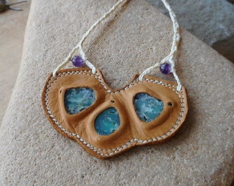 Chrysoprase Statement Necklace Mermaid Necklace Australian Chrysoprase and Amethyst Jewelry Recycled Leather Bib Necklace by Ariom Designs