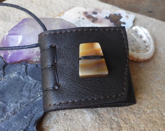 Miniature Book Necklace with Agate Gemstone Brown Recycled Leather Eco Friendly Stone Jewelry