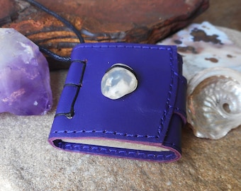 Miniature Book Necklace with Agate Gemstone Purple Recycled Leather Eco Friendly Stone Jewelry