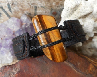 Tiger Eye Leather Bracelet Bohemian Gemstone Jewelry by Ariom Designs