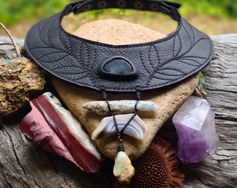 Clear Quartz, Kyanite, Agate and Boulder Opal Statement Necklace with Recycled Leather Tribal Bib Necklace Leather Collar by Ariom Designs