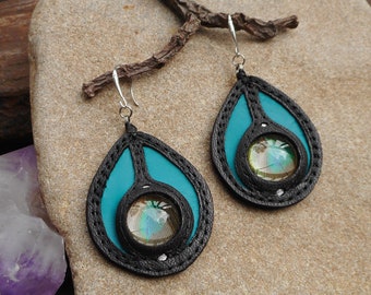 Peacock Feather Dangle Earrings Tear Drop Earring with Magnified Peacock Feathers Recycled Leather Earrings by Ariom Designs