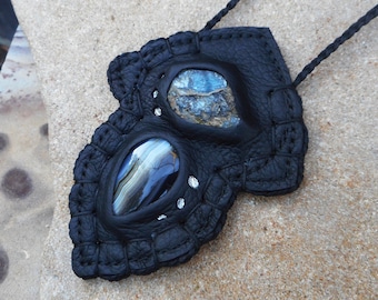 Kyanite and Agate Gemstone Necklace Black Leather and Natural Gemstone Jewelry in Recycled Leather Setting by Ariom Designs