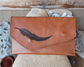 Tan Leather Wallet Fold Over Clutch with Gum Leaf Detailing Unique Leather Clutch Purse by Ariom Designs