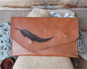 Tan Leather Wallet Fold Over Clutch with Gum Leaf Detailing Unique Leather Clutch Purse by Ariom Designs