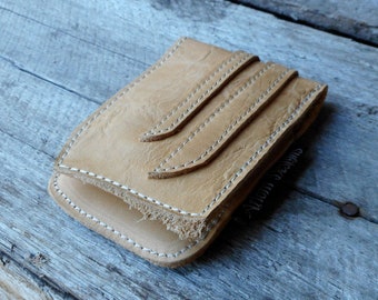Minimalist Leather Wallet Recycled Leather Fold Over Card Holder with Tan Leather