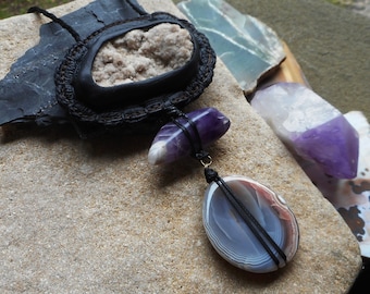 Australian Drusy Quartz Necklace with Amethyst and Agate Pendants Raw Crystal Recycled Leather Jewelry