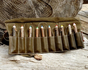 Chunky Coloured Pencil Set in Leather Pencil Roll Handmade Stationary Kit with Australian Petrified Wood