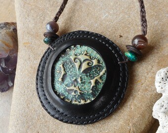 Ceramic Butterfly Necklace with Gemstone Beads and Recycled Leather by Ariom Designs