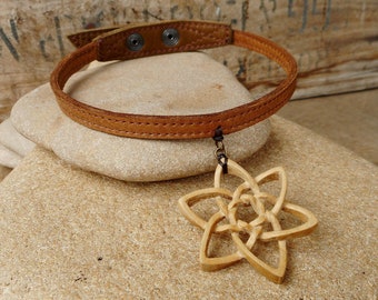 Carved Wood Infinity Star Choker Necklace Natural Wood and Recycled Leather Jewelry