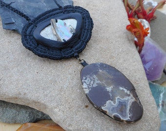 Paua Shell and Agate Necklace with Quartz Inclusion Crystal Necklace Handmade Eco Friendly Jewlery Ocean Lovers Jewelry