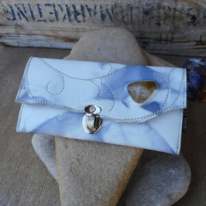 Elegant Womens Leather Wallet with Australian Quartz Gemstone, Card Slots and Zipped Coin Pocket Solid Recycled Leather Purse