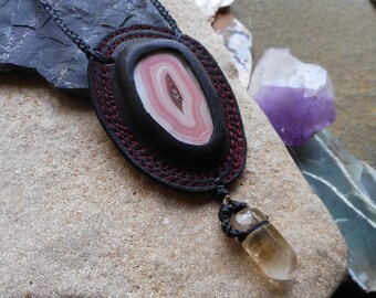 Clear Quartz and Agate Necklace Black and Red Leather and Gemstone Jewelry Handmade Boho Necklace by Ariom Designs