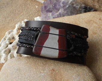 Jasper Leather Wrap Bracelet Recycled Leather Multi-Strand Leather Bracelet Australian Jasper Jewelry