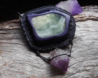 Prehnite and Amethyst Statement Necklace Gemstone Talisman Recycled Leather Necklace by Ariom Designs