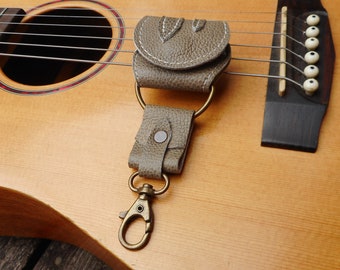 Guitar Pick Case Leather Pick Pouch Keyring Guitarist Grey Leather Accessory Gift for him Gift for her