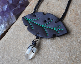 Clear Quartz and Recycled Leather Leaf Necklace Australian Gemstone Braided Jewelry by Ariom Designs