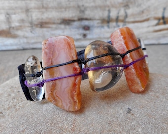Clear Quartz and Agate Australian Gemstone Leather Bracelet Bohemian One of a Kind Jewelry by Ariom Designs