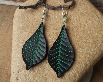 Leaf Dangle Earrings Long Drop Earring with Prehnite Crystals Recycled Leather Earrings by Ariom Designs