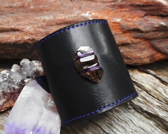 Morella Smoky Quartz Recycled Leather Cuff Natural Raw Smoky Quartz, Black Leather Bracelet Handmade Bohemian Jewelry by Ariom Designs