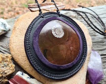 Ammonite Fossil Necklace with Natural Raw Kyanite Recycled Leather and Gemstone Jewelry Handmade Fossil Necklace by Ariom Designs