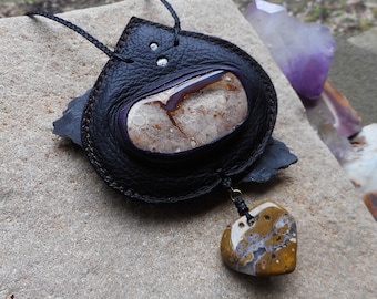 Rhyolite Thunder Egg and Ocean Jasper Necklace Recycled Leather and Gemstone Jewelry Handmade Boho Necklace by Ariom Designs